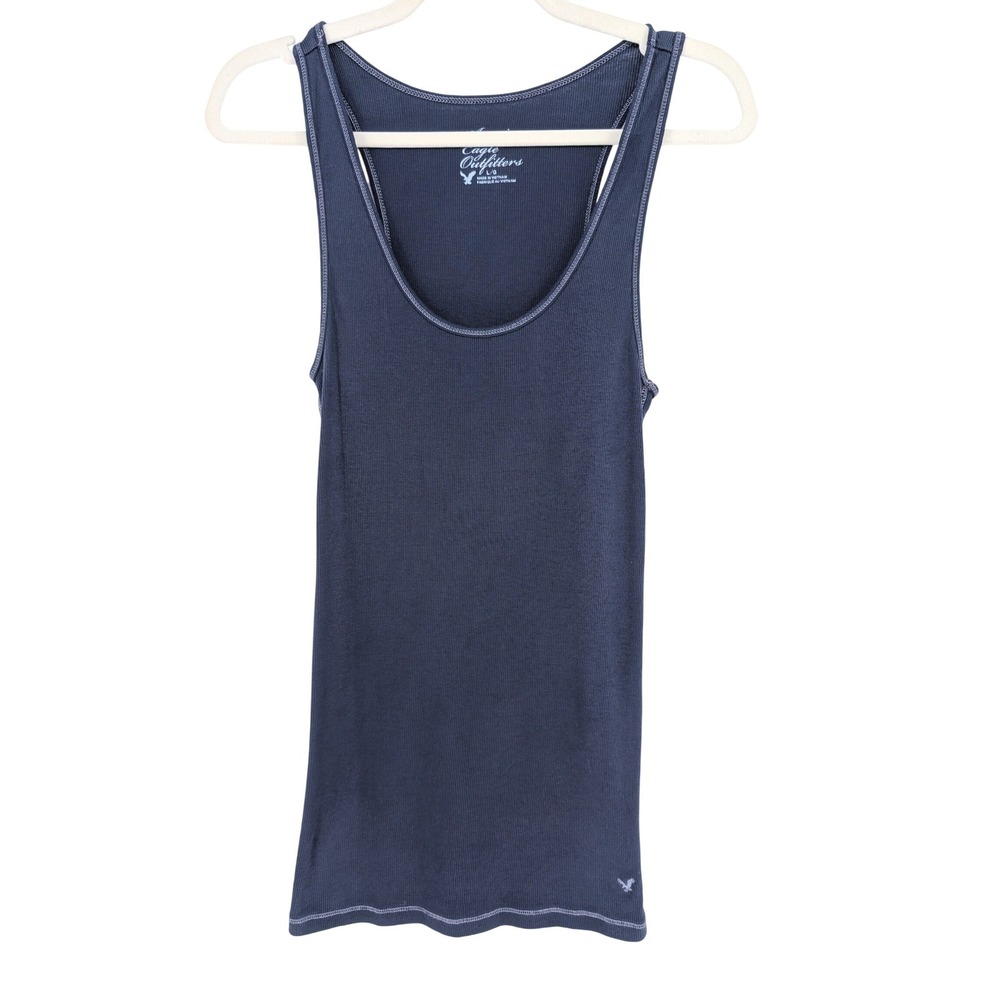 Y2K American Eagle Tank Top Women L Navy Ribbed Scoop Neck Layering Indie Preppy